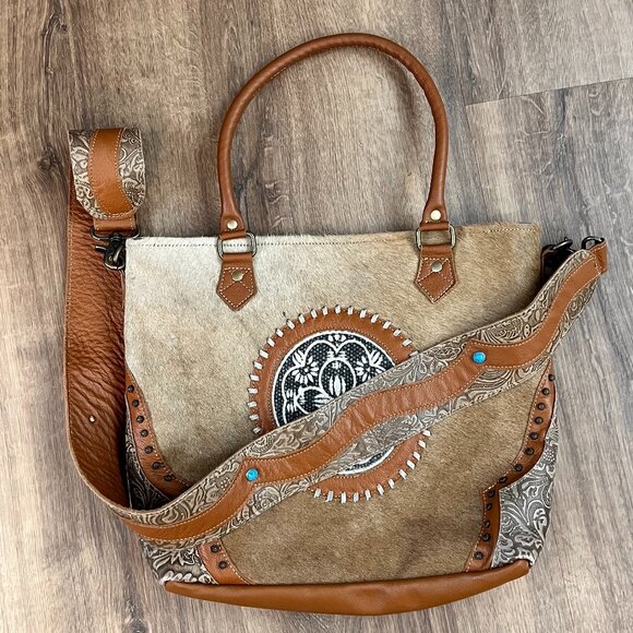 Myra Bag Brown Cow Hide Leather Turquoise Boho Western Large Crossbody Tote - Picture 8 of 14